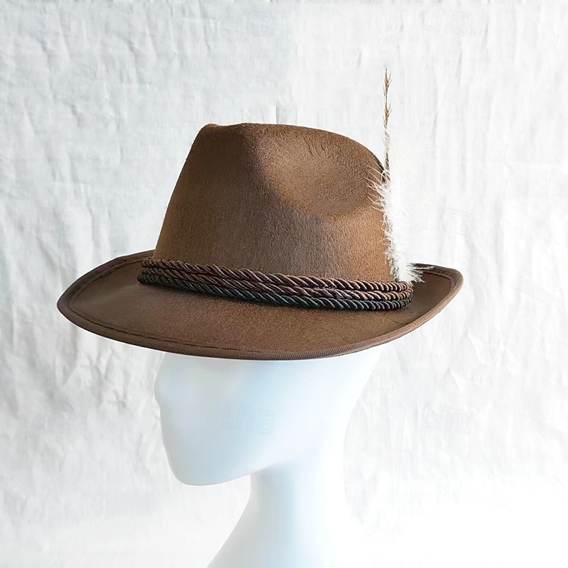 Men's Fedora Hat Oktoberfest Hat Dark Green Brown Fabric Feather Fashion Casual Street Daily Color Block Sunscreen Breathable4