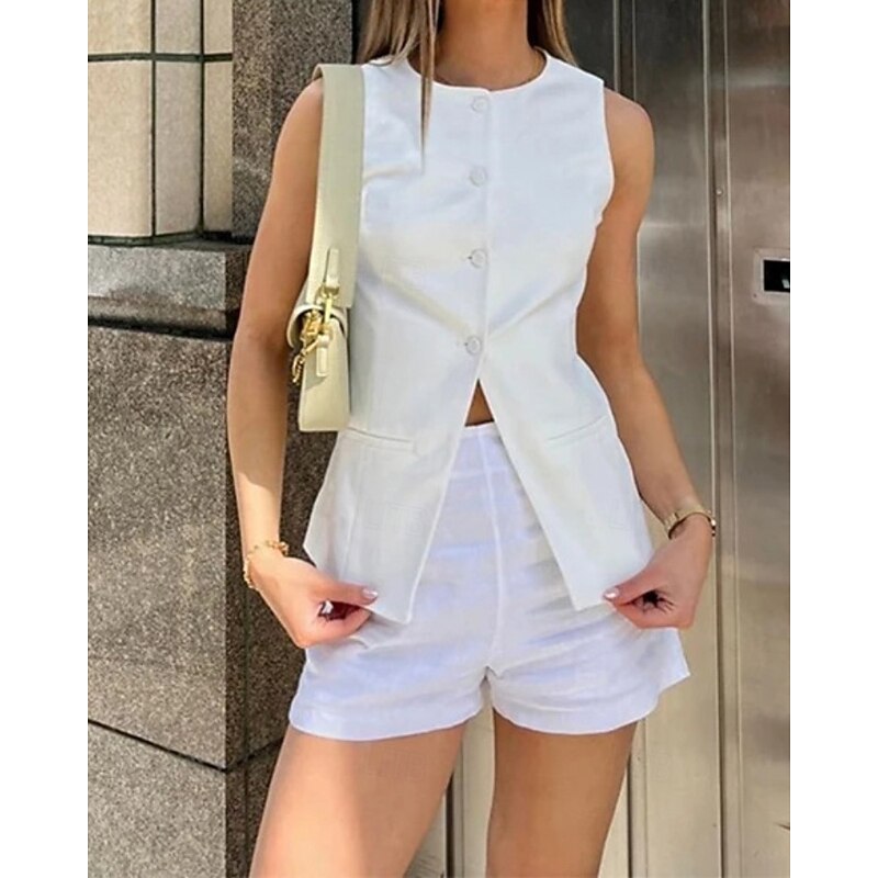 Women's Active Fashion Blouse Shorts Sets Sleeveless Crew Neck Solid Color Split Thigh Outdoor Vacation White Summer Regular Fit2