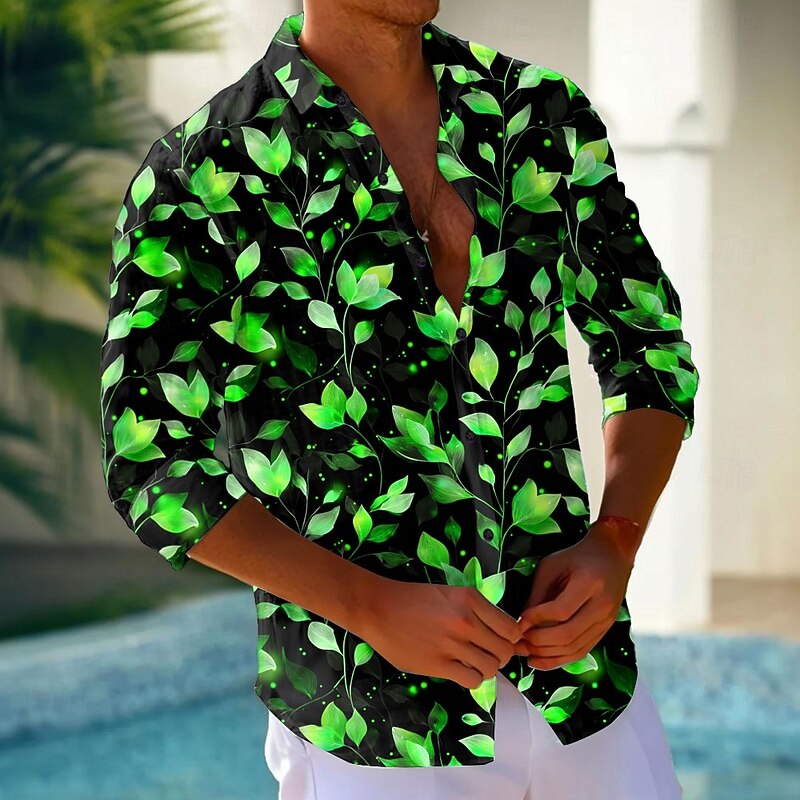 Men's Leaf Neon Glow Shirt Button Up Shirt Long Sleeve Fashion Casual Holiday Streetwear Summer Spring Turndown 3D Print Collared Shirts Pink Blue Purple Green3