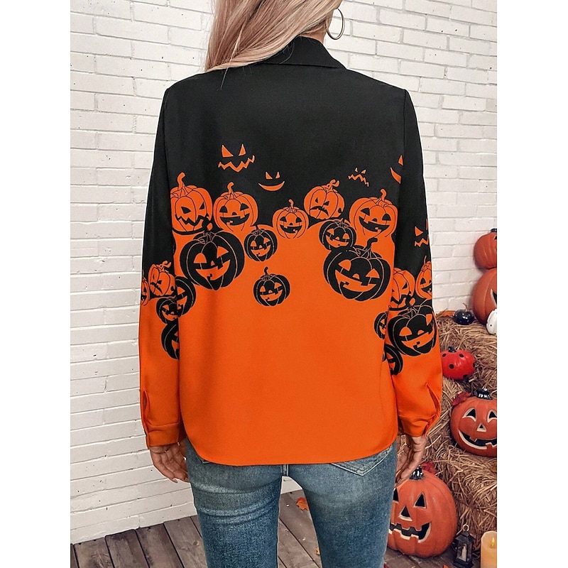 Halloween Women's Shirt Pumpkin Print Button Down Tunic Shirt Collar Long Sleeve Graphic Elegant Vintage Tropical Bishop Sleeve Regular Tops Daily Holiday Print Orange Spring Fall2