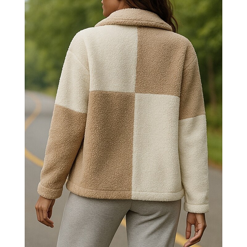 Women's Teddy Bear Fleece Coat Lapel Jacket Long Sleeve Top Athleisure Color Block Windproof Warm Outdoor Sportswear Activewear Khaki2