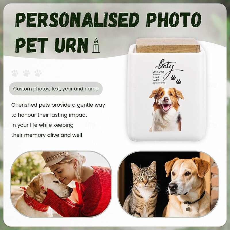 Personalized Pet Cremation Urn, Custom Memorial Gift Name Year Text Photo Ceramic Ashes Box for Dog Cat Memorial Keepsake4