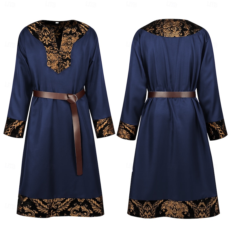 Retro Vintage Rockabilly Shirt Tunic Warrior Knight Ritter Viking Floral Jacquard Fancy Dress Men's Celtic Halloween Carnival Performance Party LARP Adults Coat Belt4