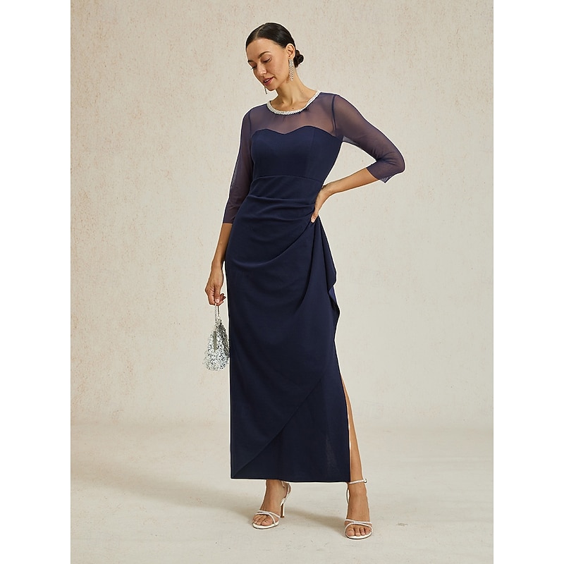 Women's Maxi Dress Sheath Dress Elegant Party Formal Solid Color 3/4 Length Sleeve Crew Neck Navy Blue Summer Spring Fall