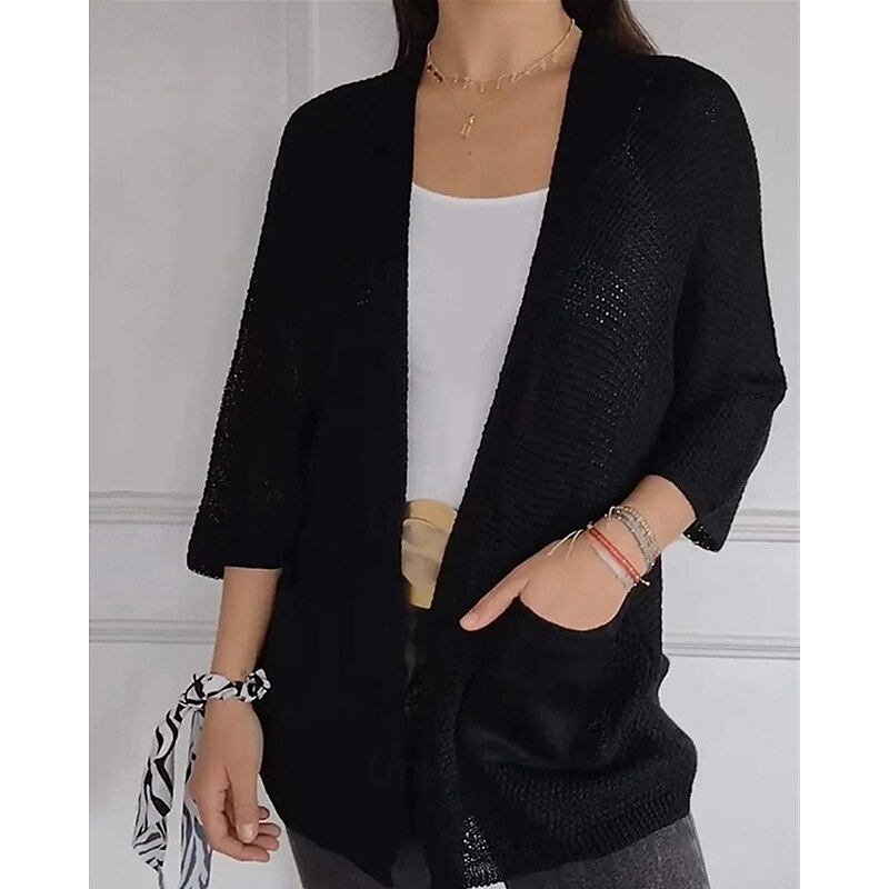 Women's Sweater Cardigan Fashion Streetwear Daily Solid Color Ribbed Open Front Knitted 3/4 Length Sleeve Regular Tops Knit Holiday Going out Weekend Black White Spring Fall2