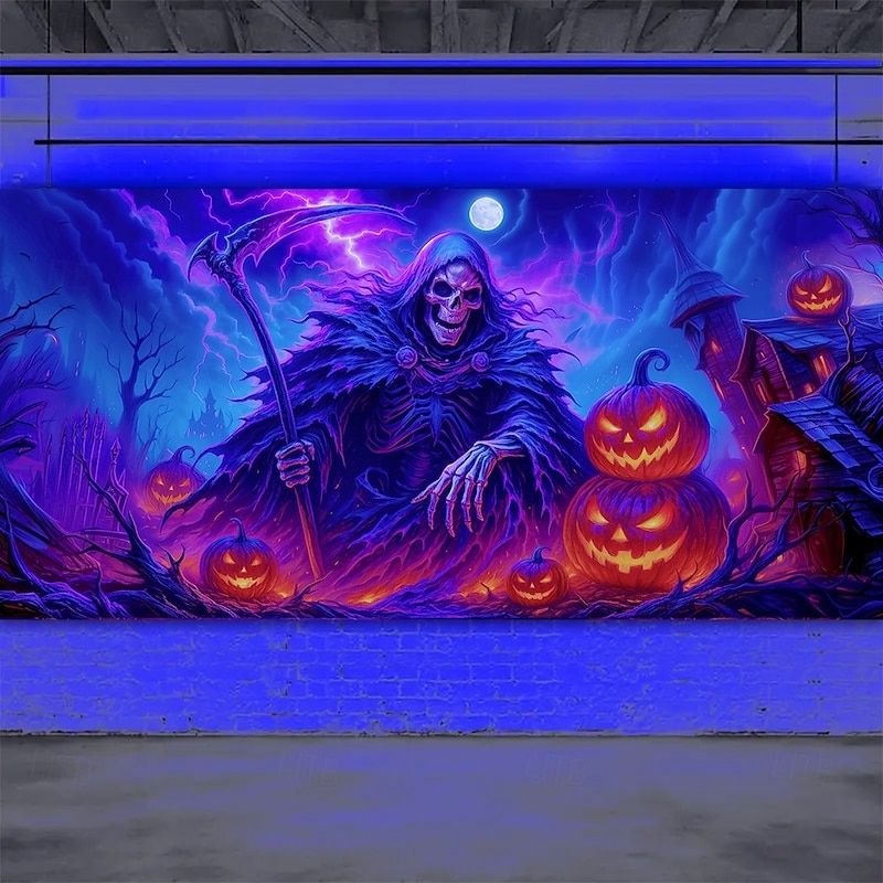 Halloween Garage Door Cover Neon Grim Reaper with Jack-o'-Lanterns Banner, Glowing Blacklight Backdrop Decoration for Holiday Outdoor Garage Door and Home Wall, 2025 Halloween Decorations