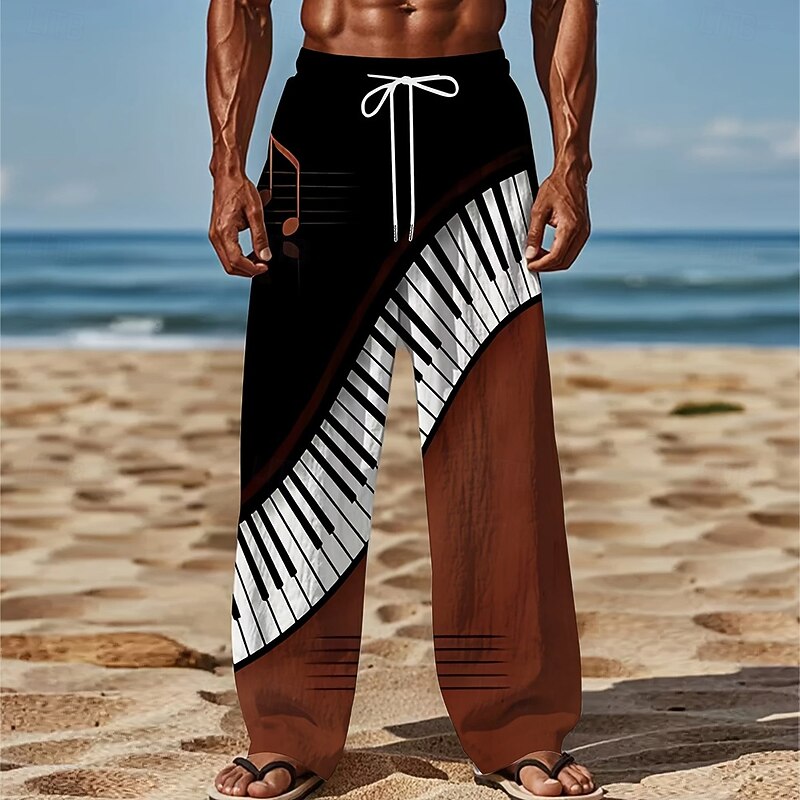 Men's Piano Musical Notes Swirl Trousers Baggy Pants Casual Pants Mid Waist Vintage Retro Outdoor Vacation Elastic Drawstring Waist Linen-Like Pants with Pockets Summer Spring 3D Print Black White4