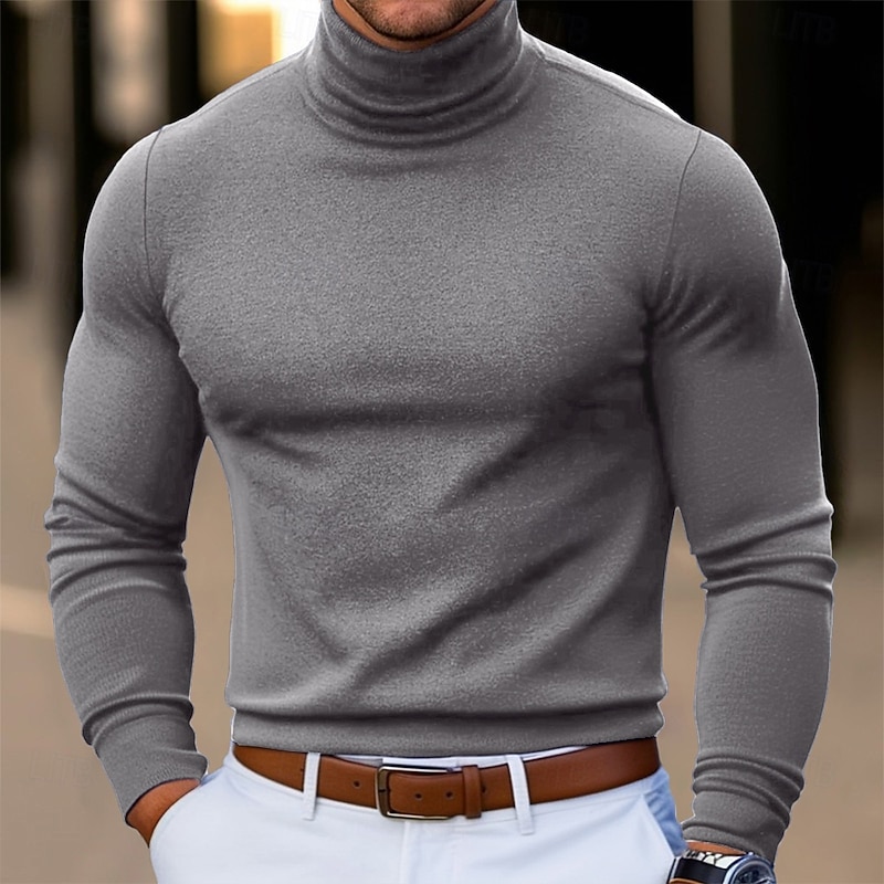 Men's Tee Top Long Sleeve Shirt Mock Turtleneck Long Sleeve Turtleneck Pile Neck Fall Winter Spring &  Fall Solid Color Daily Casual Street Style High Neck Plain Formal Outdoor Street Light Blue