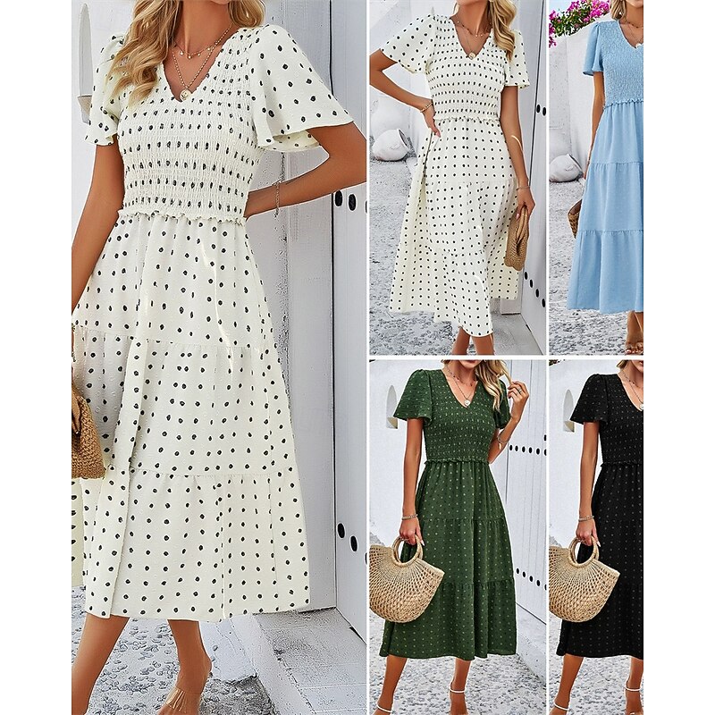 Women's Midi Dress Casual Dress Summer Dress Print Dress Fashion Outdoor Party Holiday Regular Fit Polka Dot Short Sleeve V Neck Black Blue Beige Summer4