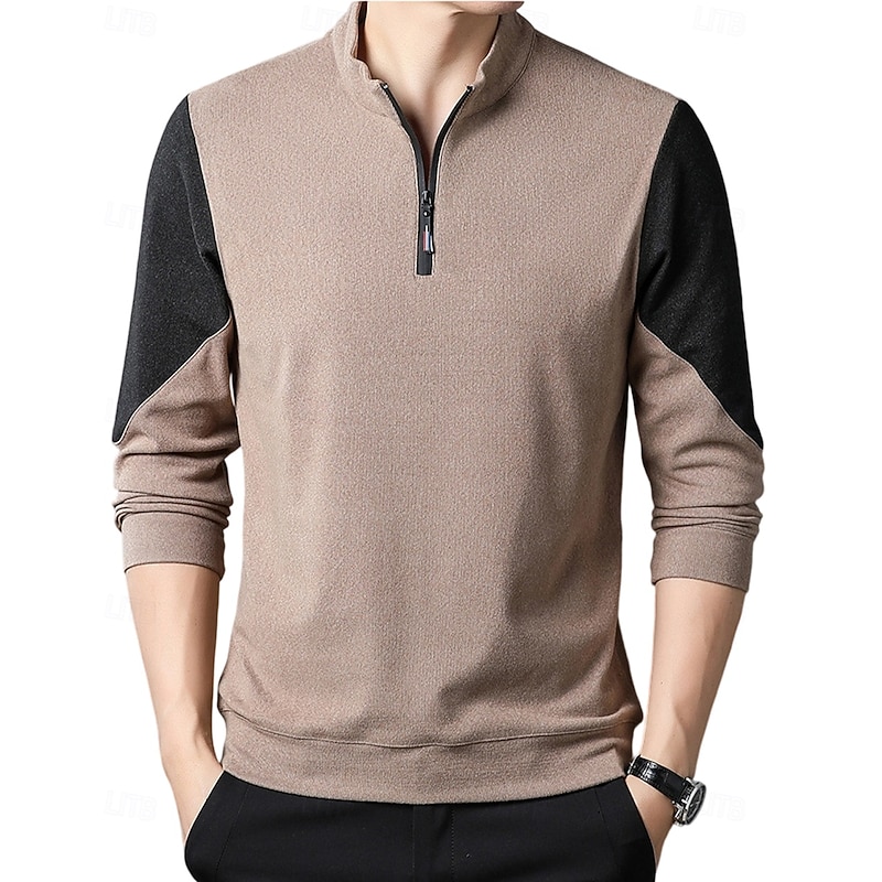 Men's Sweatshirt Long Sleeve High Neck Spring Fall Winter Daily Zip Up Patchwork Outdoor Vacation Home Black Brown khaki Top Tee for Men2