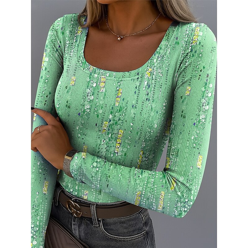 Women's T Shirt Ribbed Graphic Square Neck Long Sleeve Casual Ombre Abstract Vintage Stylish Regular Tops Daily Going out Weekend Print Pink Blue Purple Green Spring Fall3