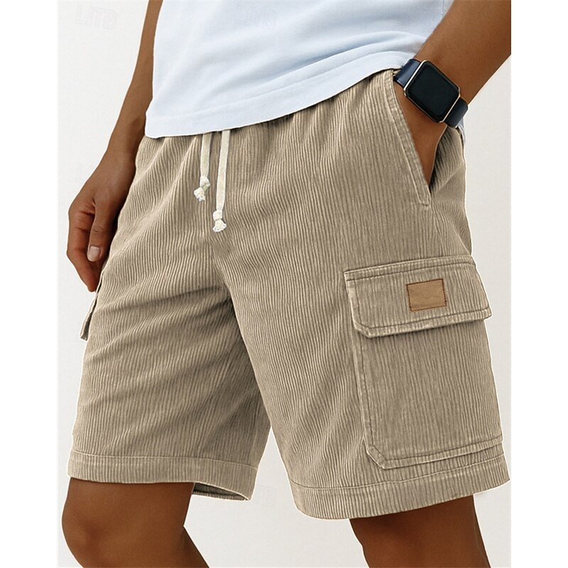 Men's Cargo Shorts Summer Shorts Casual Shorts Corduroy Shorts Elastic Waist Drawstring Multi Pocket Plain Comfort Breathable Short Outdoor Vacation Sport Casual Black White