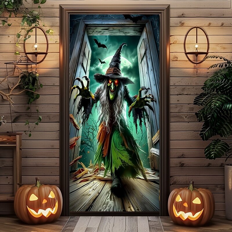 Halloween Door Cover – Wicked Green Witch Flying with Bats, Haunted House Entrance Banner, Scary Outdoor 2025 Halloween Decoration for Bedroom, Living Room, Bathroom2