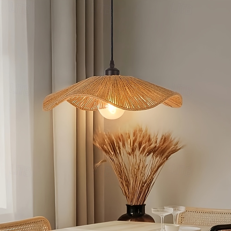 Scandinavia Rattan Pendant Light, Boho Vintage Braided Rope Design, 9cm Height, Warm White/White Light, E26/E27, Adjustable Chain