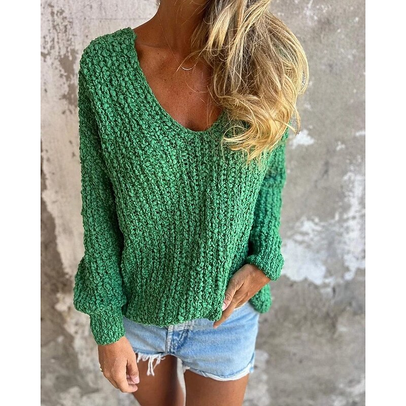 Women's Sweater Pullover Daily Stylish Casual Solid Color Ribbed V Neck Knitted Long Sleeve Regular Tops Knit Daily Holiday Going out Pink Blue Fall Winter