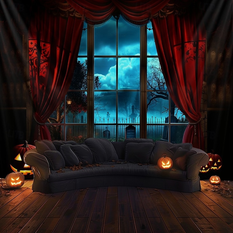 Halloween Gothic Window View Wall Tapestry – Red Curtain Stage with Spooky Moonlit Night Scene, Horror Backdrop for 2025 Halloween Living Room, Bedroom, Haunted House Decoration2