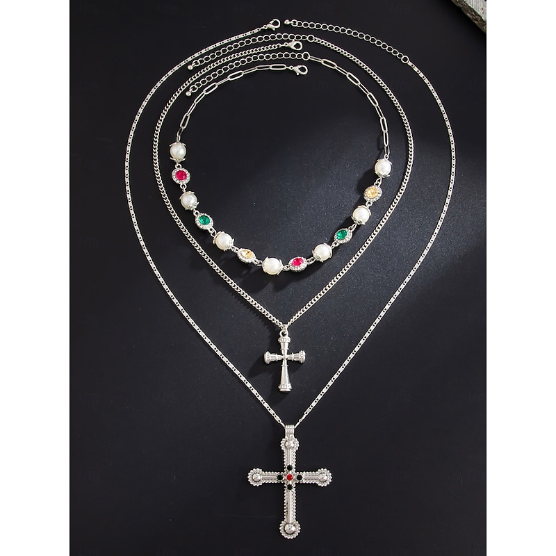 Women's Baroque Pearl and Multicolor Heart Pendant Layered Necklace with Cross Charm - Elegant Statement Jewelry for Party, Wedding, and Evening Events4