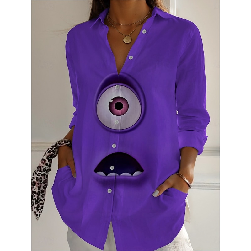 Women's Cartoon Funny Smile Face Shirt  Active Daily Stylish Long Sleeve Shirt Collar Regular Tops Daily Holiday Buttons Print Yellow Blue Purple Green Spring Fall2