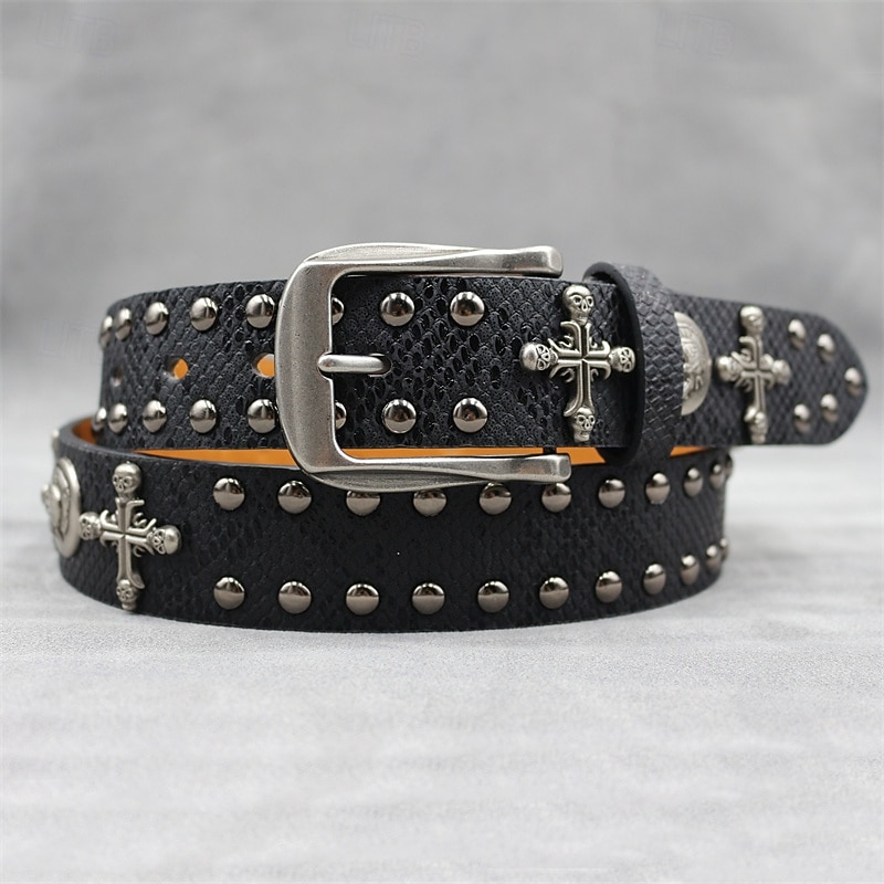 Men's Belt Waist Belt Silver Black PU Leather Alloy Vintage Durable Adjustable Cross Skulls Outdoor Daily2