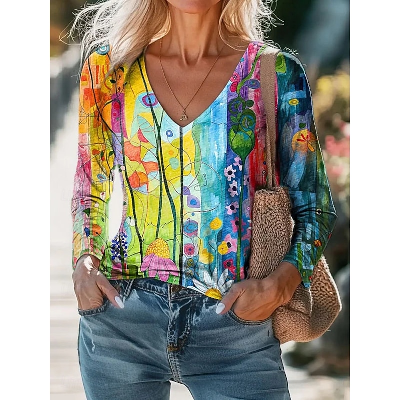Women's Blouse Floral Daily Stylish Long Sleeve V Neck Regular Tops Daily Holiday Print Navy Blue Royal Blue Blue Purple Fuchsia Summer Spring Fall4