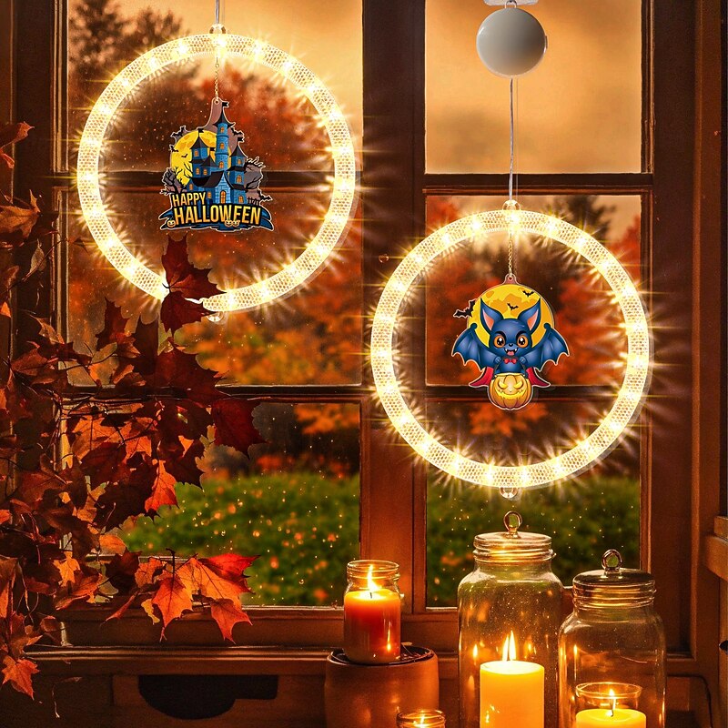 1 Pc diameter 27.6cm circular Halloween ghost castle black cat ghost bat cemetery suction cup window lamp indoor window party atmosphere decoration lamp warm light running horse lights AAA battery box