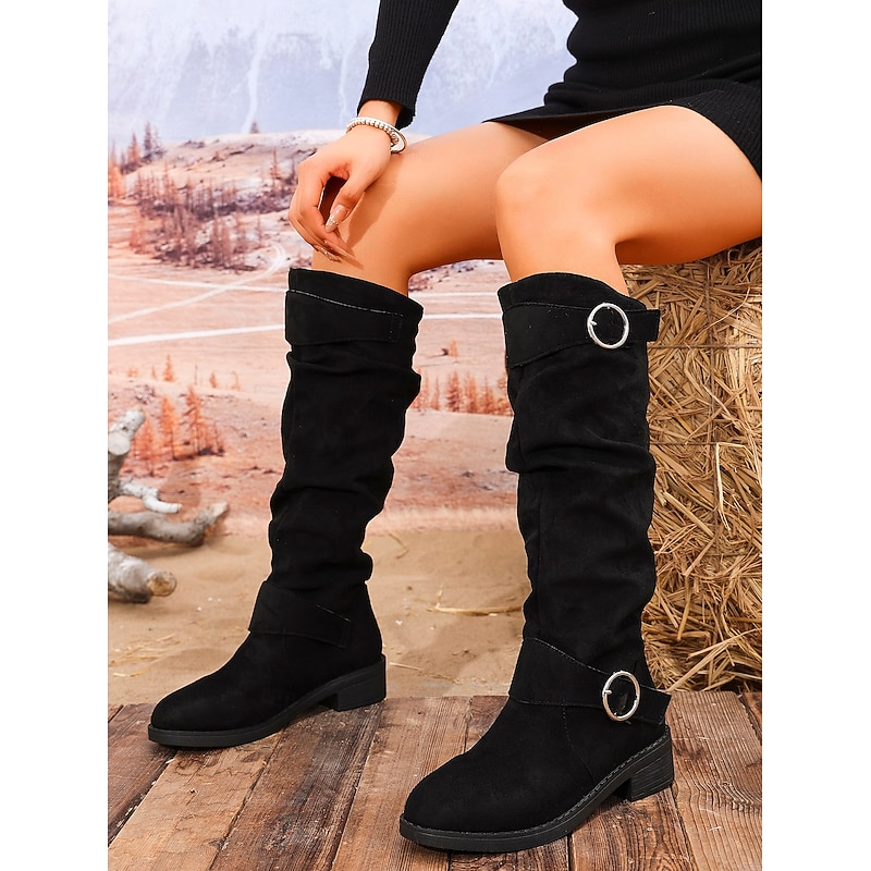 Women's Suede Slouch Knee-High Boots with Buckle – Retro Fall Casual Flat Heel Boots for Women's Daily Outfits, Travel, and Outdoor Styling4