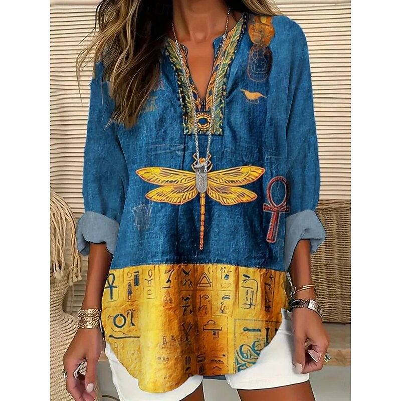 Women's Shirt Dragonfly Daily Casual Long Sleeve V Neck Regular Tops Daily Holiday Buttons Print Yellow Spring Fall