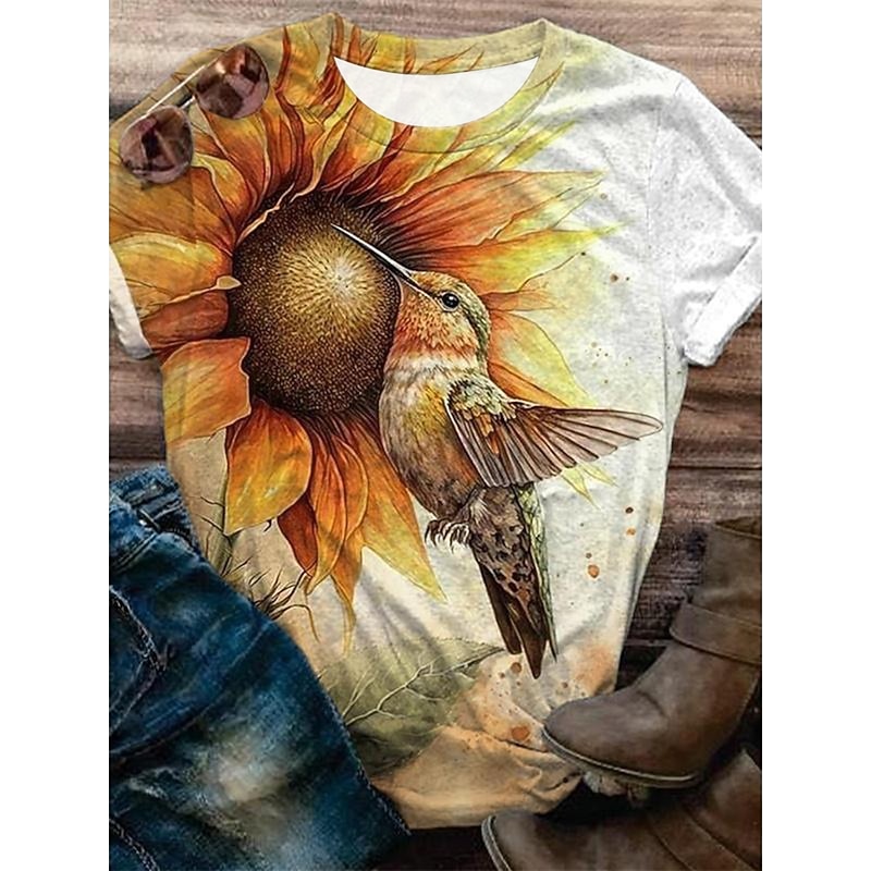 Women's T Shirt Graphic Bird Vintage Fashion Stylish Short Sleeve Crew Neck Regular Tops Daily Print Yellow Royal Blue Blue Summer Spring
