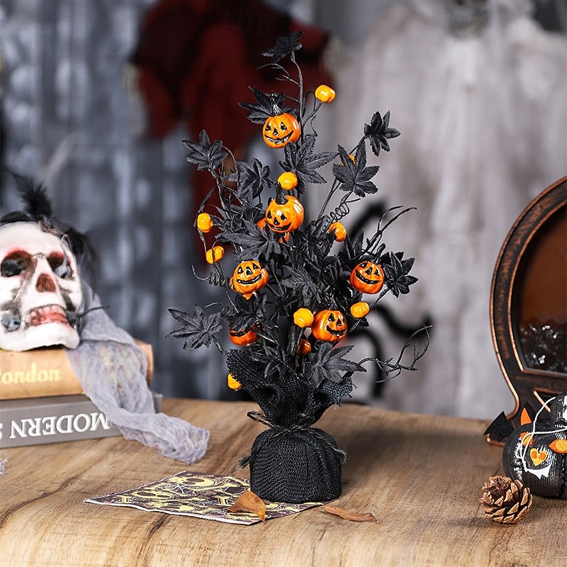 Halloween Pumpkin Maple Leaves Artificial Potted Plant, Spooky Black Pumpkin Tree Decor, Scary Halloween Tabletop Decoration for Home, Party, Indoor Display