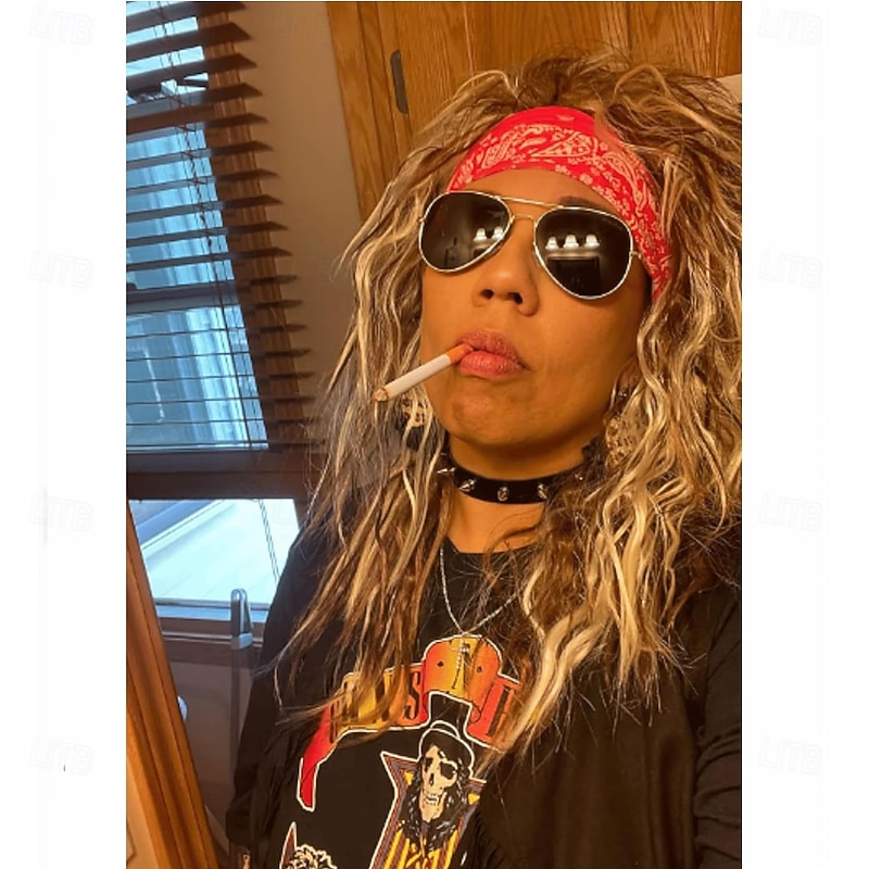 70s 80s Rocker Wigs  Tattoos Costume Set Glam Hairband Rockstar Mullet Wig  Tattoo Sleeves Heavy Metal Wigs Metal HairWig  Rock Star Wig for Men  Rock Star Costumes for Men's2