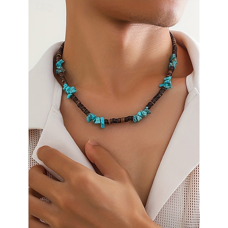 Men's Natural Stone Beaded Necklace with Turquoise Accents – Boho Beach Style Jewelry for Casual Outfits, Festivals and Summer Vacations2