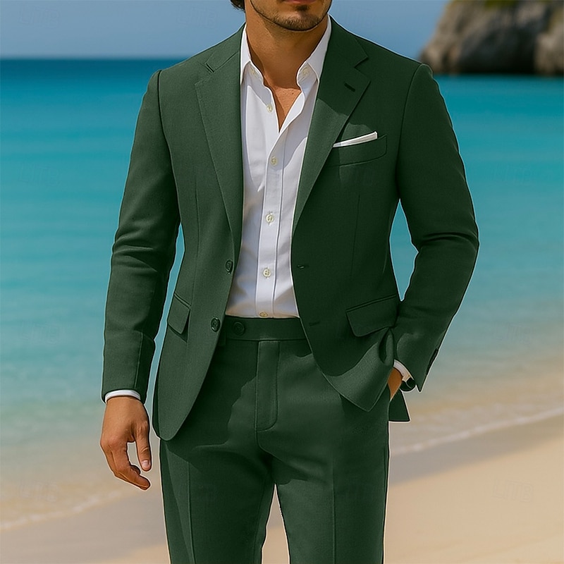 Men's Wedding Party Linen Suits Notch Lapel Green Fashion Business Solid Colored Slim Fit 2 Piece Single Breasted Two-buttons
