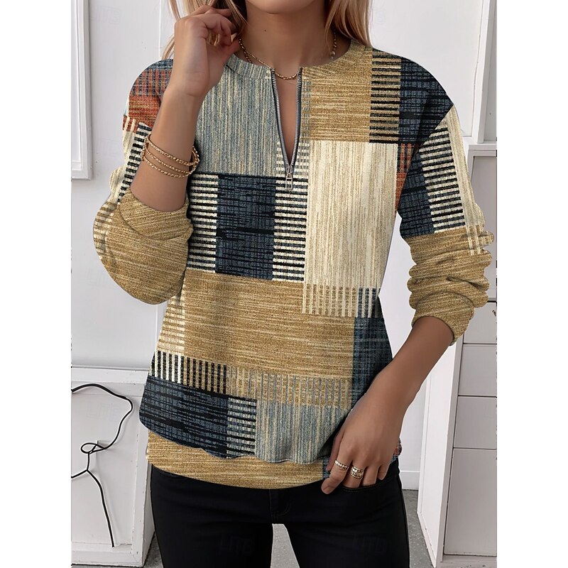 Women's Pullover Sweatshirt Zip Up Sweatshirts Graphic Plaid Fashion Casual Long Sleeve Crew Neck Regular Tops Street Dailywear Zipper Print Red Blue Orange Brown Khaki Fall Winter3