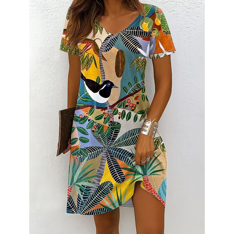 Women's Mini Dress Casual Dress T Shirt Dress Tee Dress Sundress A Line Dress Vacation Casual Boho Beach Regular Fit Ombre Floral Graphic Short Sleeve V Neck White Yellow Wine Orange Summer Spring4