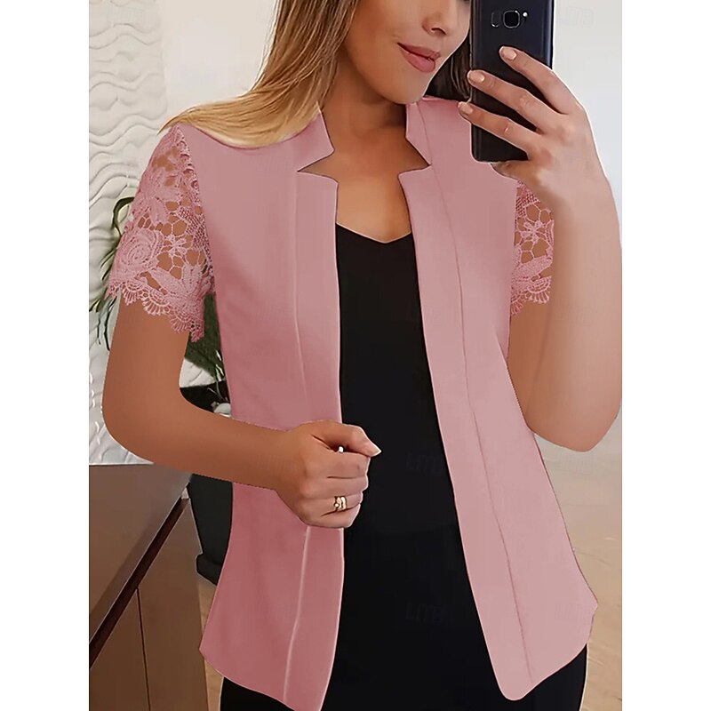 Women's Blazer Comfortable Breathable Lace Fashion Modern Plain Work Daily Regular Stand Collar Regular Fit Short Sleeves Outerwear Black White Pink Summer3