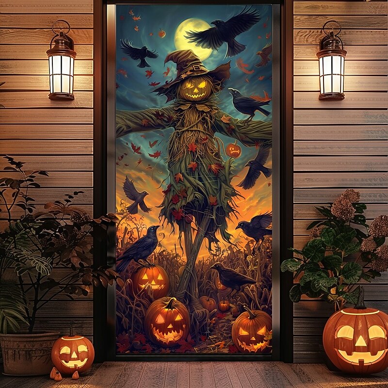 Halloween Door Cover – Pumpkin Head Scarecrow Under Full Moon, Haunted House Entrance Banner, Creepy Outdoor 2025 Halloween Decoration for Bedroom, Living Room, Bathroom3