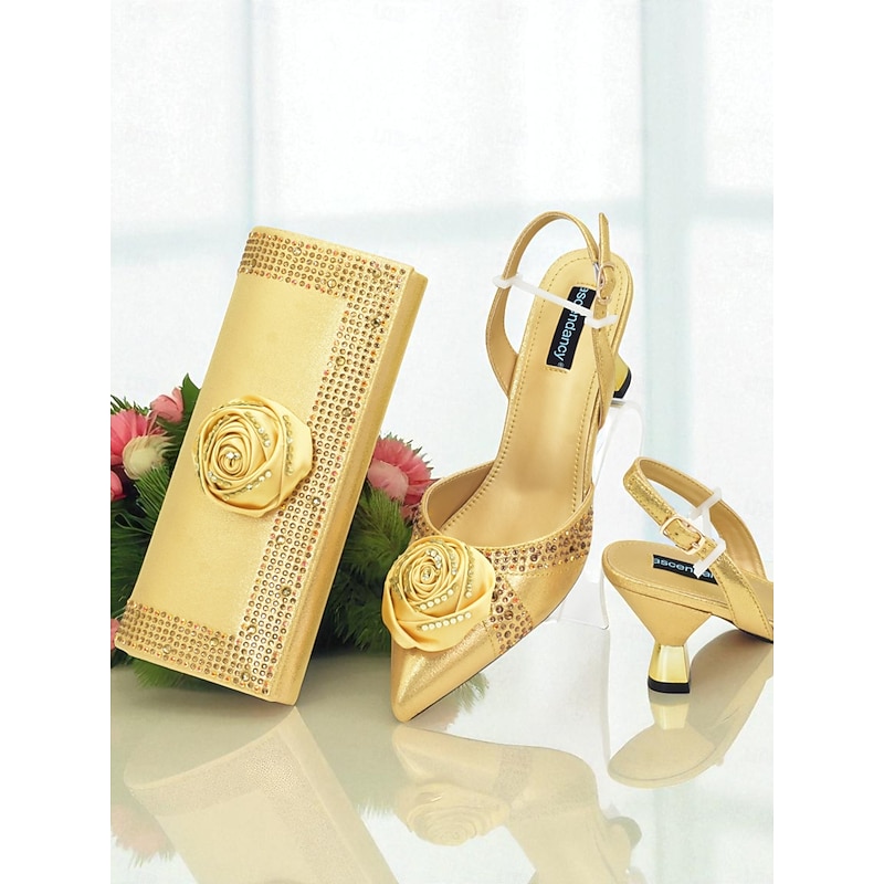 Women's Gold Slingback Heels and Matching Clutch Set - Satin Pointed Toe Shoes and Rhinestones for Formal Events and Elegant Parties