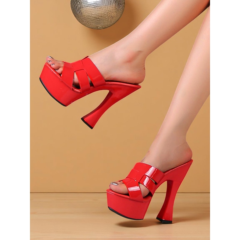 Women's Red Platform Mule Heels - Glossy Peep-Toe Slip-On High Heel Sandals for Nightlife Parties and Club Looks