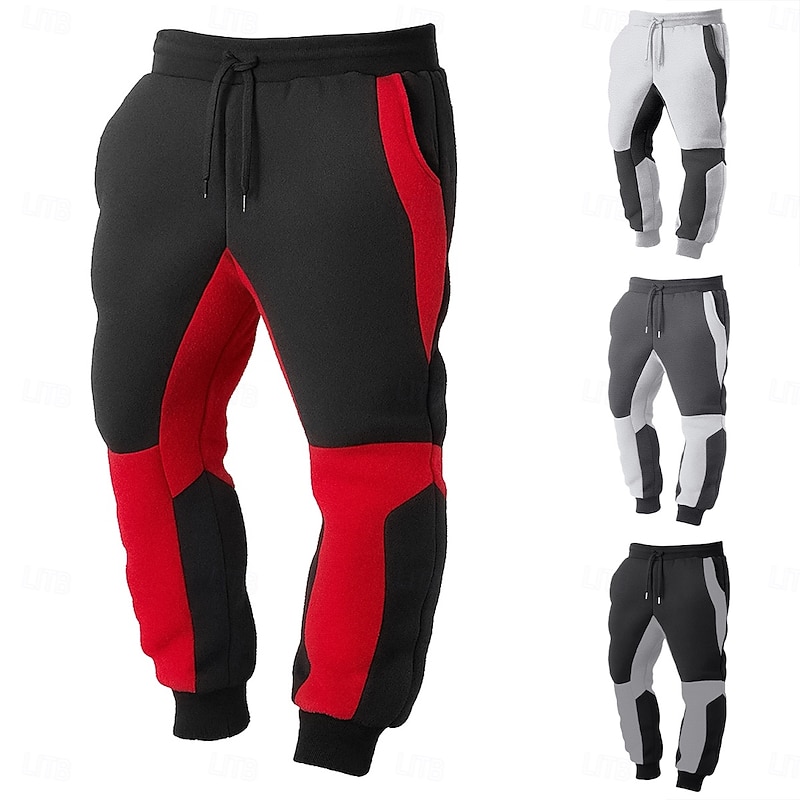 Men's Fleece Pants Sweatpants Joggers Trousers Pocket Elastic Waist Drawstring Color Block Plain Patchwork Comfort Warm Full Length Outdoor Sports Outdoor Casual Vacation Fashion Black Red