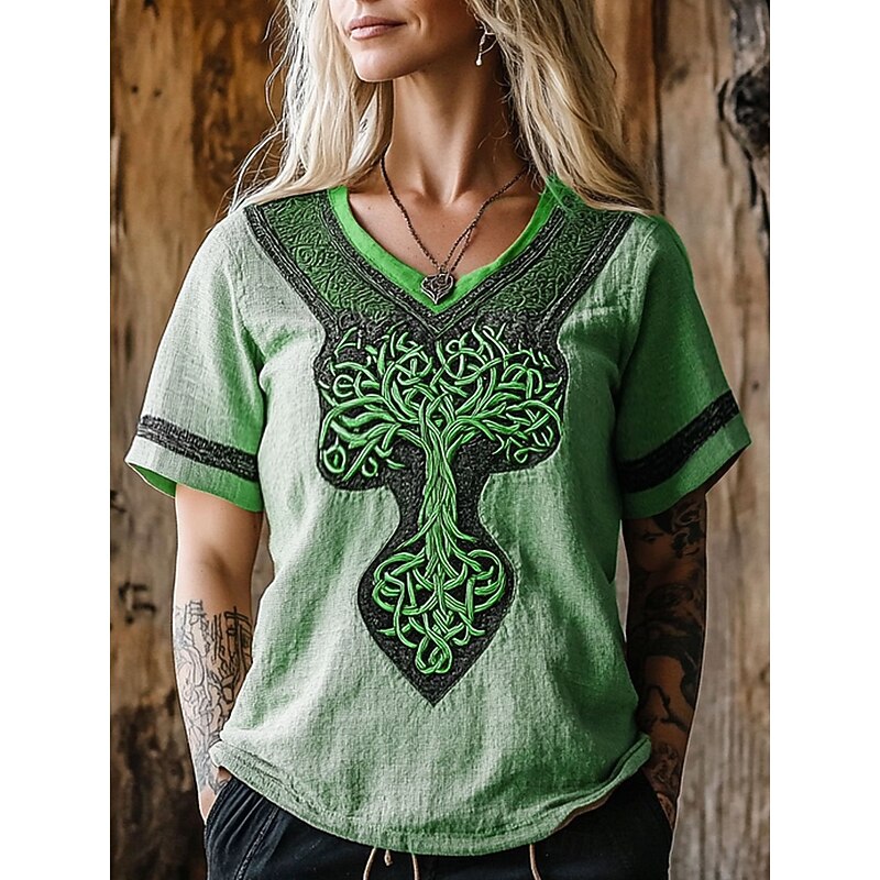 Women's T Shirt Graphic Geometric Vintage Stylish Classic Short Sleeve V Neck Regular Tops Daily Weekend Vacation Wear Print Blue Purple Green Khaki Summer Spring Fall3