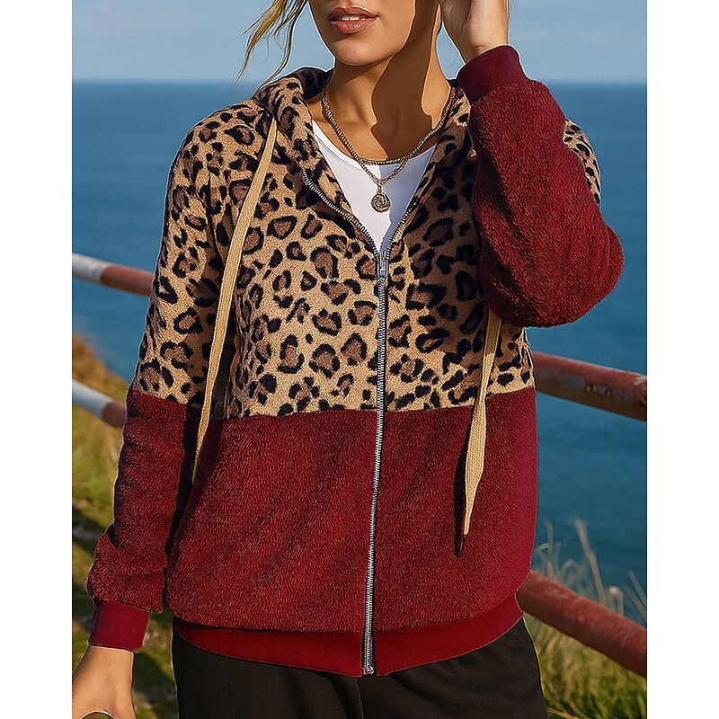 Women's Outdoor Recreation Coatv Polar Soft Fleece Jacket Drawstring Hooded Long Sleeve Top Athleisure Leopard prints Windproof Lightweight Warm Hiking Workout Athletic Sportswear Activewear White4