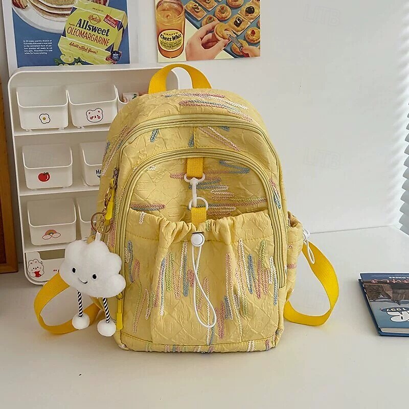 Girls' Pastel Pink Quilted Backpack – Cute Lightweight School Bag with Cloud Keychain and Front Drawstring Pocket3