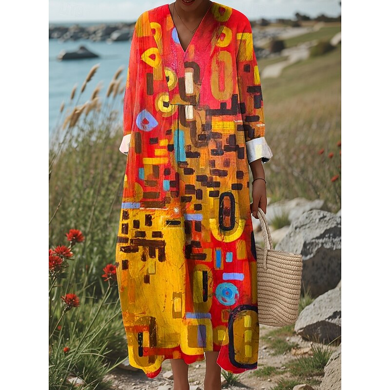 Women's Midi Dress V Neck Long Sleeve Kaftan Lightweight Loose Fit Shift Dress Casual Going out Loose Fit Graphic Geometric Abstract Long Sleeve V Neck Pink Blue Orange Fall4