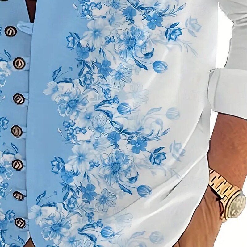 Men's Floral Print Flowers Shirt Stand Collar Shirt Long Sleeve Fashion Casual Vacation Daily Wear Going out Spring Fall Mandarin Collar Band Collar Button-Down Linen Like Shirt White2