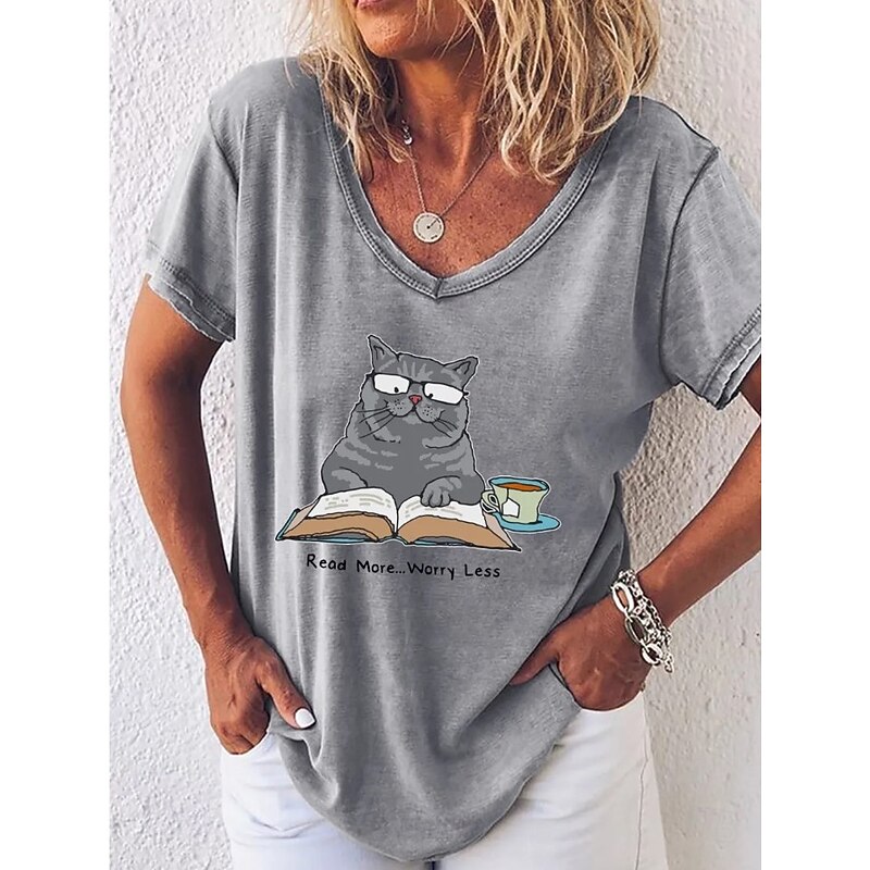 Women's T Shirt Graphic Animal Letter Vintage Stylish Classic Short Sleeve V Neck Regular Tops Daily Print Black White Pink Blue Green Summer Spring Read More Worry Less Cute Cat4