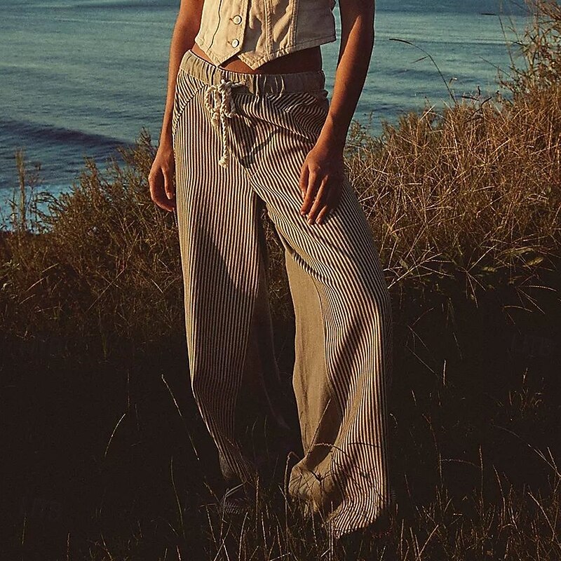 Women's Cotton  Blend Denim Culottes Wide Leg Vacation Vintage Stylish Full Length Mid Waist Striped Patchwork Stripe Comfy Inelastic Outdoor Vacation Home Navy Earthy yellow Black Army Green