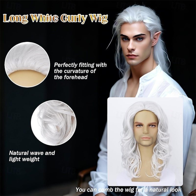 Mens Wig Long Curly Wavy White Wigs for Men Heat Resistant Synthetic Male Wig for Daily Party Cosplay Costume Halloween Use2