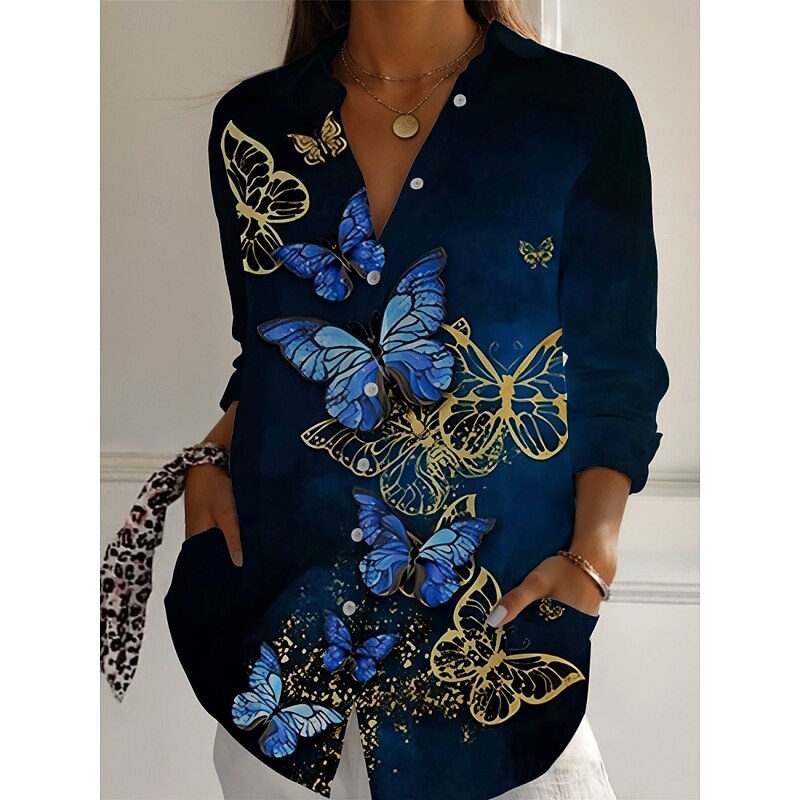 Women's Shirt Floral Butterfly Active Daily Stylish Long Sleeve Shirt Collar Regular Tops Daily Holiday Buttons Print Black White Pink Purple Green Spring Fall