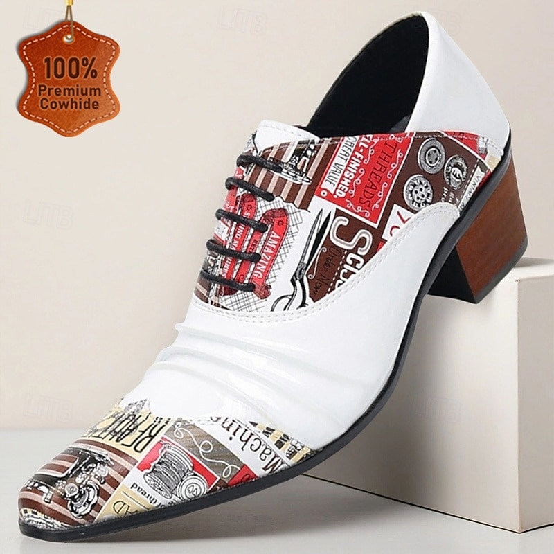 Men's White Leather Slip-On Shoes with Newspaper Print Design and High Fashion Appeal Great for Casual Days Street Style and Creative Events