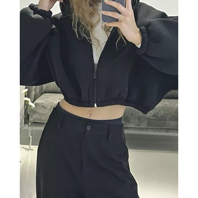 Women's Pullover Hoodie Sweatshirt Zip Up Hoodies Plain Streetwear Casual Long Sleeve Hooded Regular Tops Street Holiday Zipper Black Light Grey Gray Fall Winter